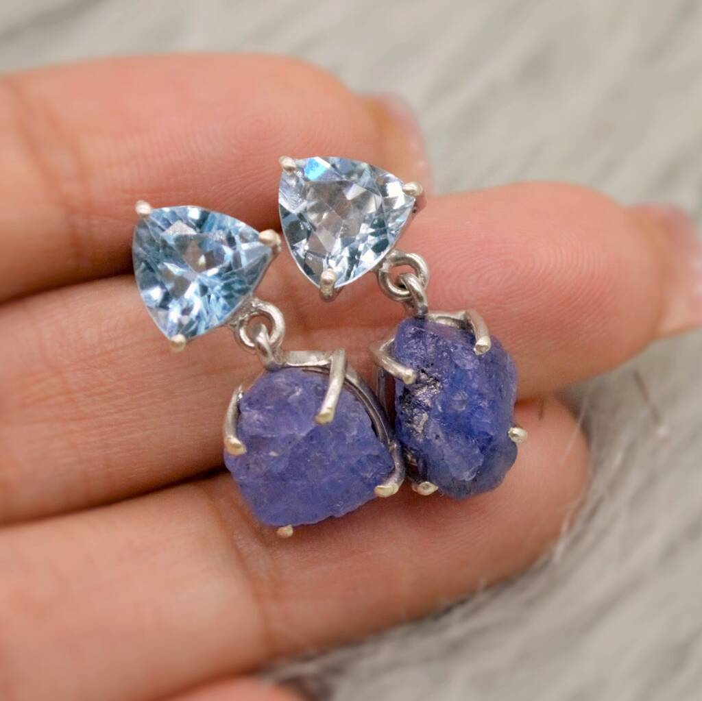 Blue Topaz, Raw Tanzanite Drop Earrings, 1 of 9