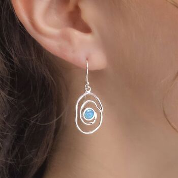 Molten Sterling Silver Spiral Blue Opal Drop Earrings, 2 of 7