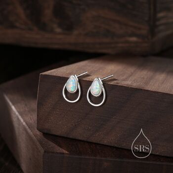 White Opal Double Droplet Stud Earrings Sterling Silver, 6 of 12