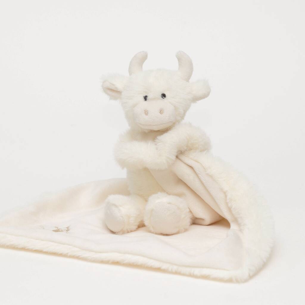 Cream Cow Baby Toy Comforter, Personalised, 1 of 4