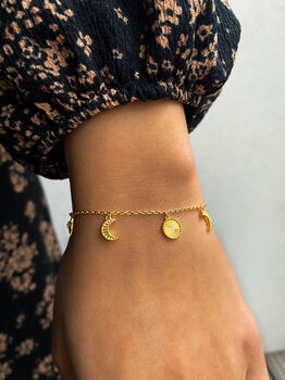 Gold Plated Engraved Moon, Star And Sun Charm Bracelet, 5 of 8