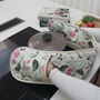 Pale Green Double Oven Gloves With Fruits And Birds, thumbnail 3 of 7