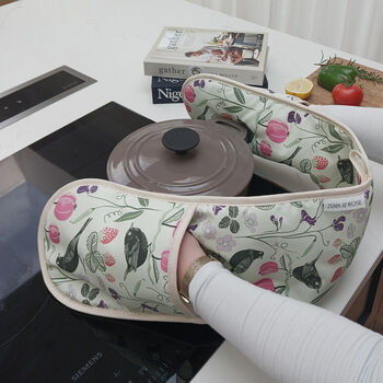 Pale Green Double Oven Gloves With Fruits And Birds, 3 of 7