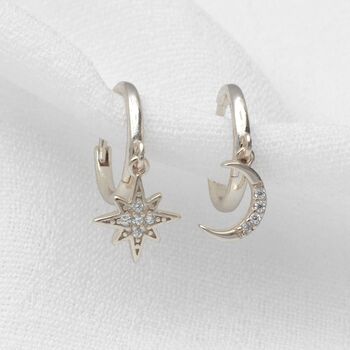 Gold Or Silver Star And Moon Hoop Earrings, 3 of 9