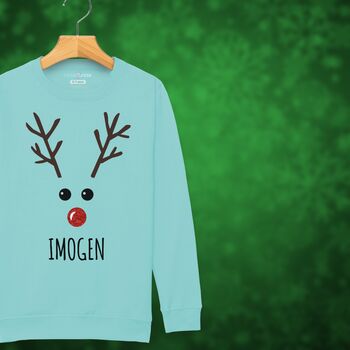 Rudolph The Reindeer Personalised Kids Sweatshirt Christmas Jumper, 6 of 12