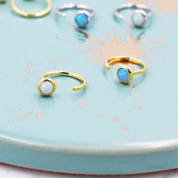 Sterling Silver Blue Or White Opal Huggie Hoop Threader Earrings, 6 of 11
