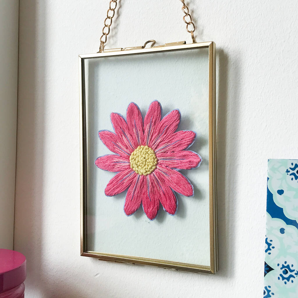 Flower Power Pink Daisy Embroidery Framed Artwork, 1 of 6