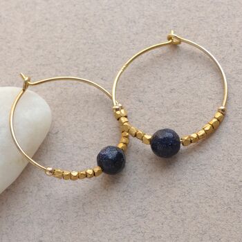 Midnight Blue Gold Stone Fair Trade Hoop Earrings 25mm, 5 of 6