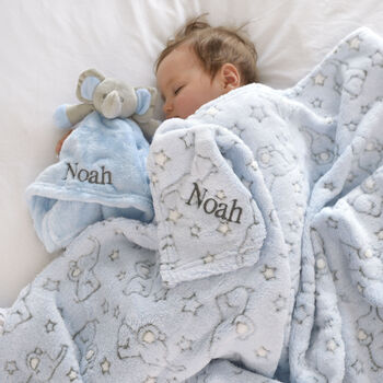 Personalised Blanket And Comforter Blue Baby Gift Set, 9 of 12