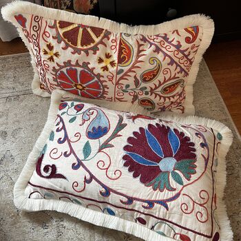 Oblong Silk Embroidered Suzani Cushion Multicoloured, 6 of 11