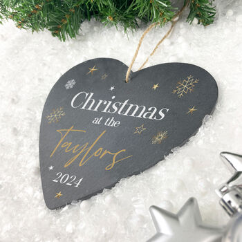 Personalised Festive Gold Slate Hanging Heart Decoration 15 X 16cm, 4 of 6