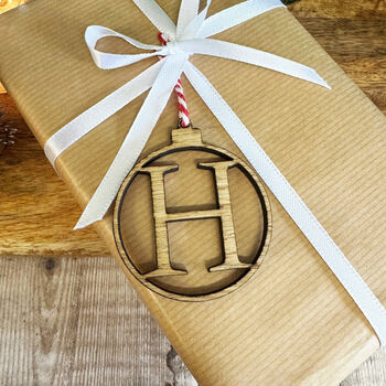 Personalised Oak Veneer Initial Christmas Bauble Gift Wrapping, 4 of 5