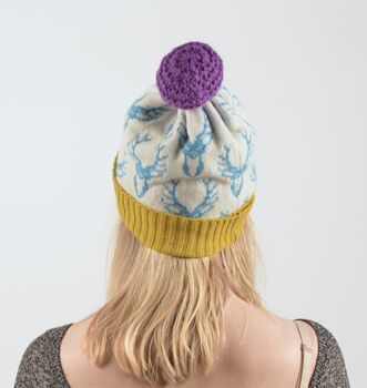 Stag Head Knitted Beanie Bobble Hat, 9 of 11
