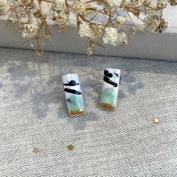 Mint Green And Gold Ceramic Bar Stud Earrings Abstract Splatter Minimalist Studs, 7 of 10