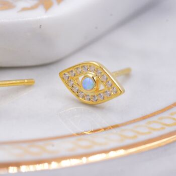 Sterling Silver Blue Opal Evil Eye Stud Earrings, 2 of 12