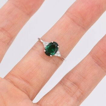 Emerald Green Cz Oval Ring In Sterling Silver, 5 of 12