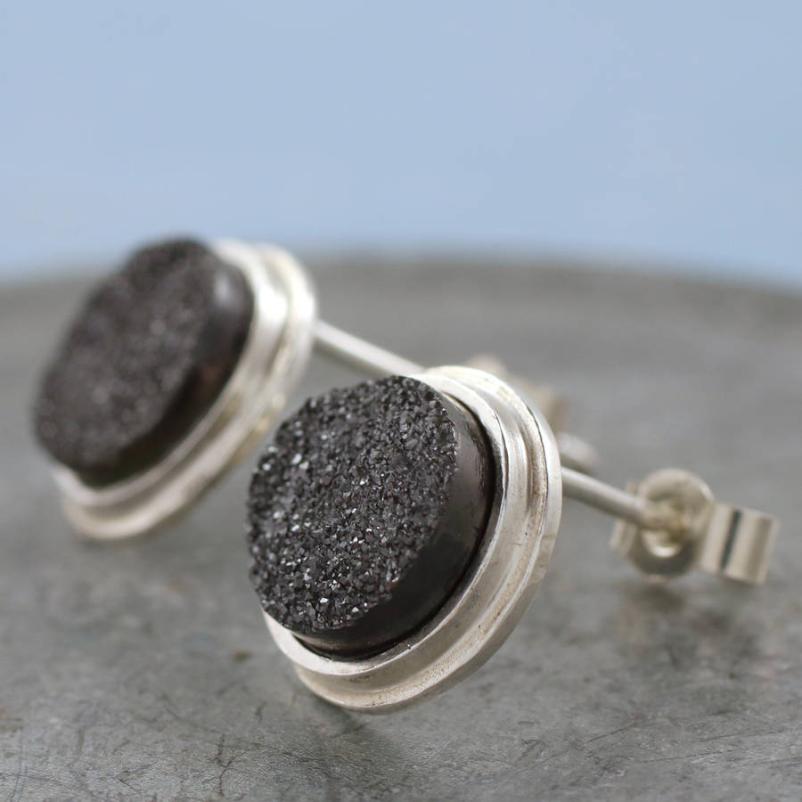 Sterling Silver Black Druzy Stud Earrings By Louy Magroos Black Druzy Stud Earrings