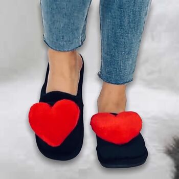 Personalised Faux Fur Black Fluffy Red Heart Slippers, 6 of 6
