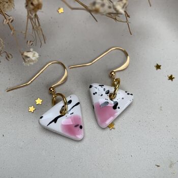 Ceramic Triangle Earrings Pink White And Black Speckled Dangle Earrings With Gold Hooks, 7 of 11