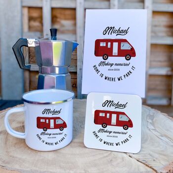 Motorvan Camp Set Enamel Mug Coffee Maker Coaster Card, 3 of 11