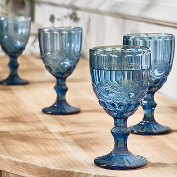 Set Of Four Sapphire Blue Glass Wine Goblets, 3 of 7