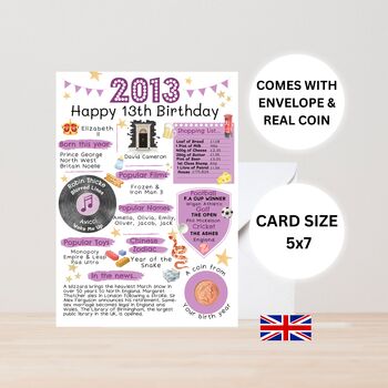 13th Birthday Card With 2013 Coin And Envelope Choose Your Colour, 3 of 3