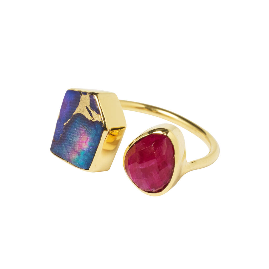 Colour Fusion Adjustable Ring Pink Copper Turquoise/Ruby Sillimanite