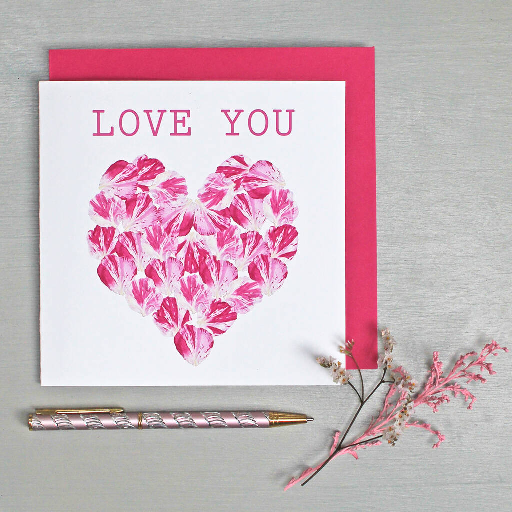 Love You Valentine's Card With Rose Petal Heart