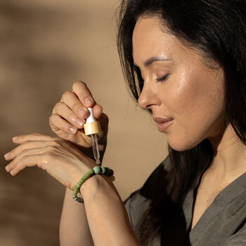 Prehnite, Moss Agate And Lava Beads Aromatherapy Diffuser Bracelet And Essential Oil Roller Gift Set, 2 of 7