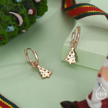 Dainty Christmas Tree Charm Hoop Earrings In Sterling Silver, 4 of 10