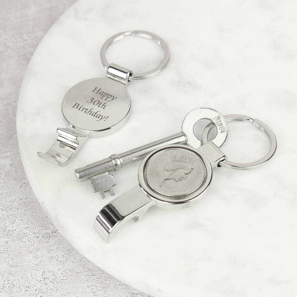 Personalised 30th Birthday Ten Pence Keyring Bottle Opener, 1 of 5