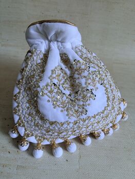 White Velvet Handcrafted Luxury Potli/Wrist Bag, 7 of 7