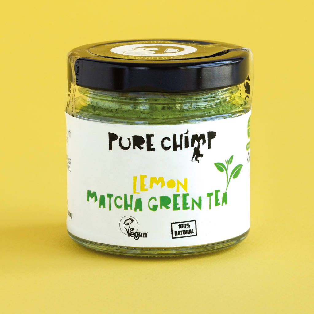 lemon flavoured matcha green tea 50g glass jar by purechimp