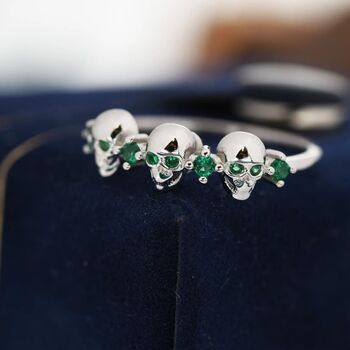 Sterling Silver Triple Skull Ring With Emerald Green Cz, 5 of 10