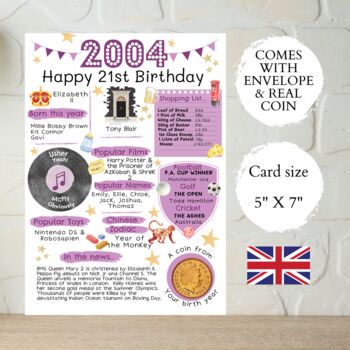 21st Birthday Card With 2004 Coin And Envelope Choose Your Colour, 3 of 3