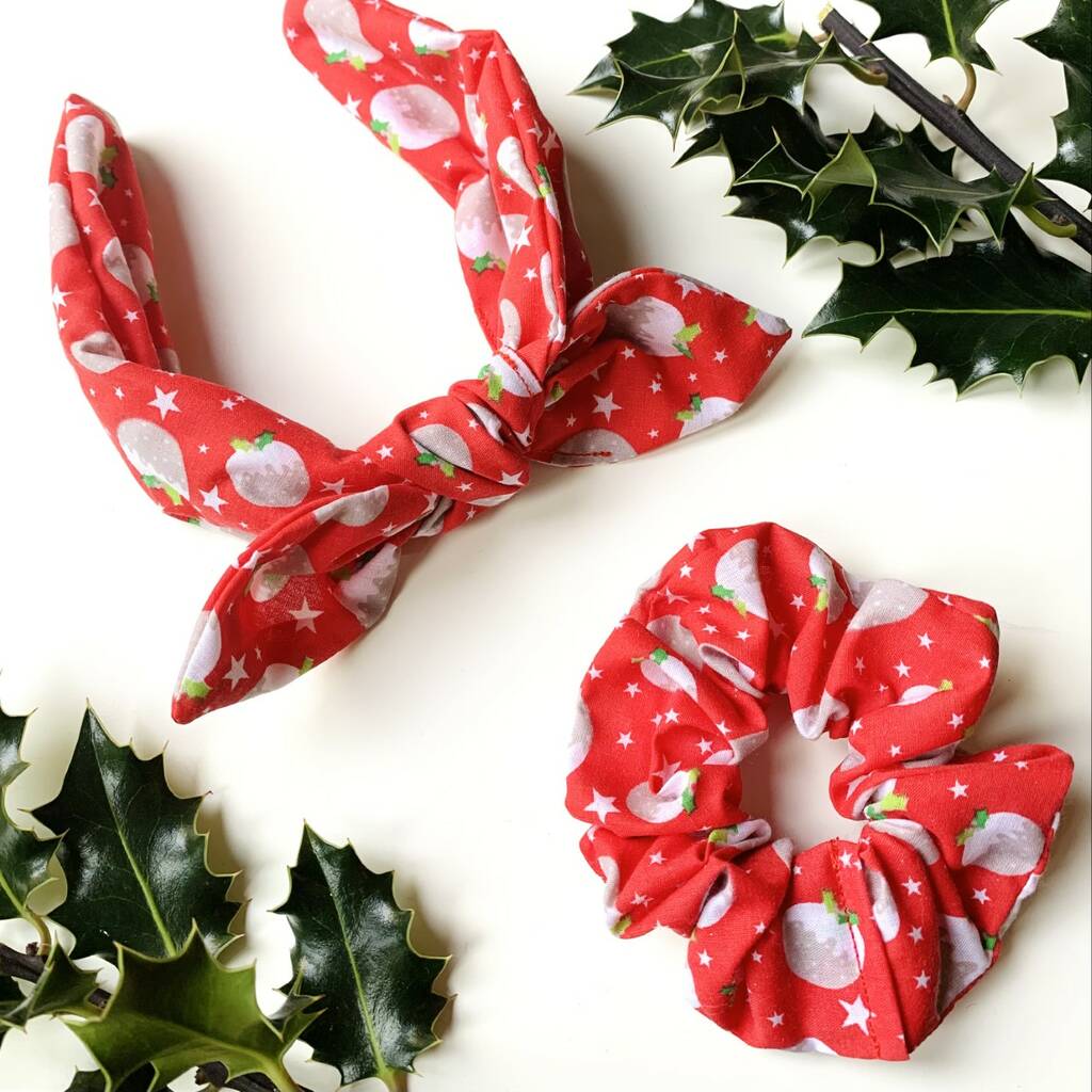 Red Christmas Pudding Scrunchie And Hairband Set By Little Sewing Bea