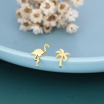 Mismatched Palm Tree And Flamingo Stud Earrings In Sterling Silver, 2 of 12