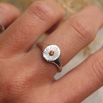 Sunburst Birthstone Signet Boho Ring In Silver Or Gold, 3 of 9