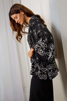 Asanoha And Peony Embroidered Black And Ivory Fully Lined Short Kimono, 7 of 7