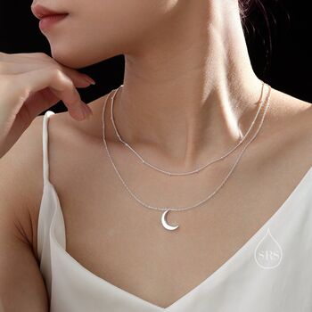 Sterling Silver Double Layer Moon Necklace With Satellite Chain, 2 of 11