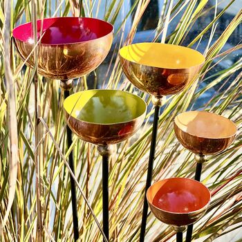 Set Of Five Copper Rain Catchers – Tangerine, Green, Red, Orange And Yellow Cups On Curved Iron Pole, 4 of 6