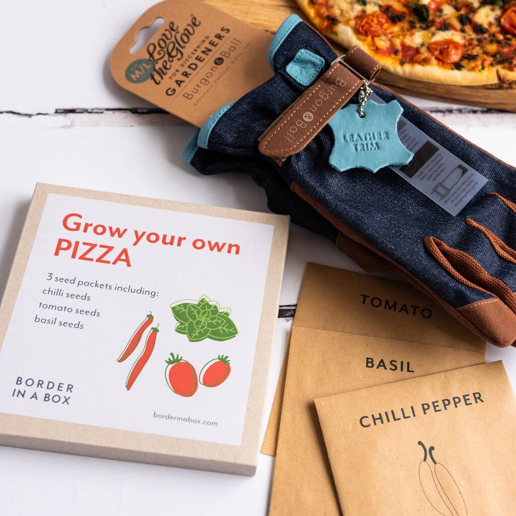 Men's Gardening Gloves And Grow Your Own Pizza Seed Box, 1 of 7