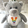 Personalised Flower Alphabet Grey New Baby Teddy Bear, thumbnail 5 of 6