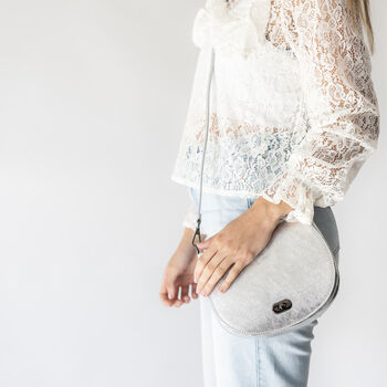 Silver Metallic Leather Saddlebag, Personalised Crossbody Handbag Gift, 2 of 10