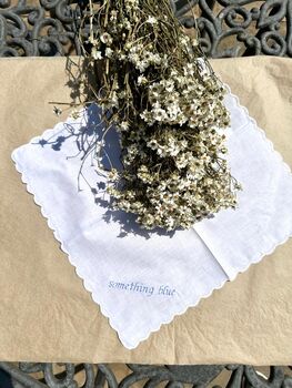 Something Blue Personalised Embroidered Scalloped Handkerchief Bridal Wedding Gift, 2 of 3