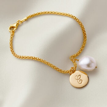 Gold Initial Disc Bracelet With Freshwater Pearl, 2 of 10