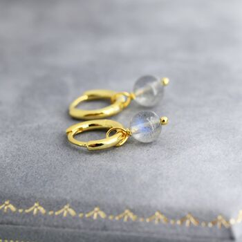 Sterling Silver Genuine Labradorite Stone Beaded Huggie Hoop Earrings, 6 of 11