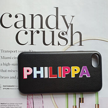 Personalised Rainbow Font Black Pu Leather Phone Case, 5 of 7