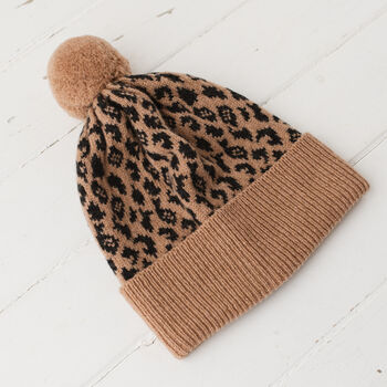 Lambswool Knitted Leopard Pom Pom Hat, 11 of 12