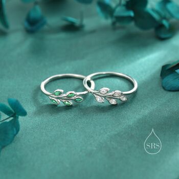 Sterling Silver Green Cz Leaf Ring, 2 of 12